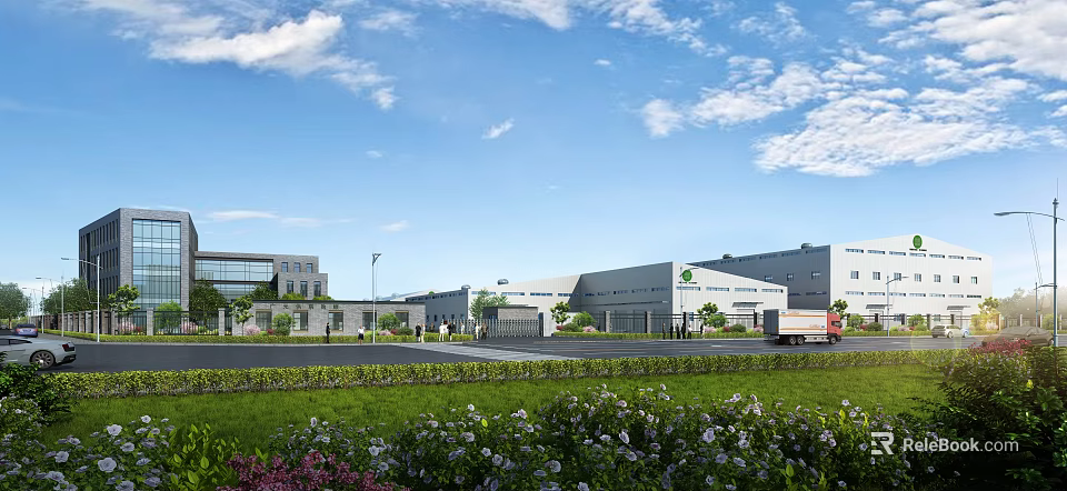 Modern Industrial Factory Building With Green Lawn Flower Beds And Delivery Truck Under Blue Sky 3d model 