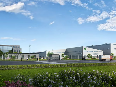 Modern Industrial Factory Building With Green Lawn Flower Beds And Delivery Truck Under Blue Sky 3d model