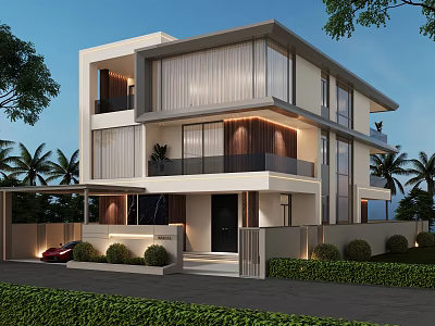 Modern Detached Villa Exterior With Architectural Design Large Windows Balcony And Palm Trees 3d model