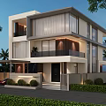 Modern Detached Villa Exterior With Architectural Design Large Windows Balcony And Palm Trees
