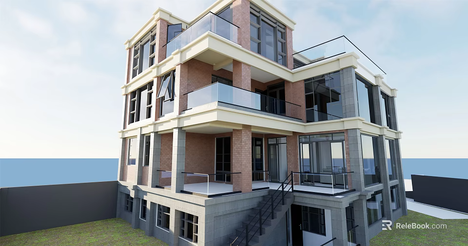 Modern Multi storey Detached Villa With Large Glass Windows And Sea View 3d model 