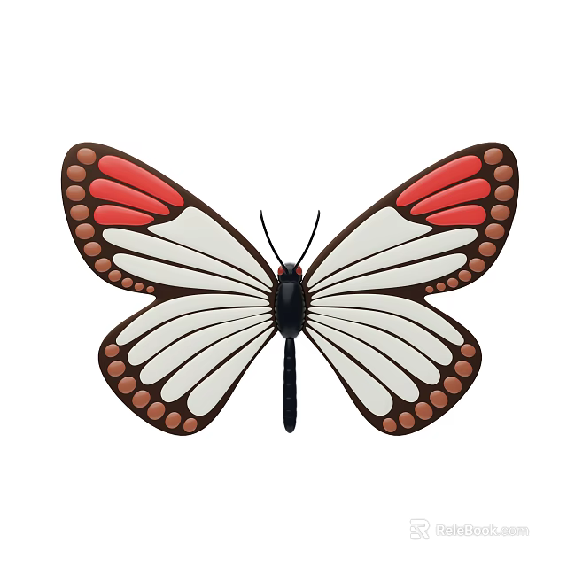 Vibrant Butterfly With Red And White Wings Brown Spots On Edges And Black Body 3d model 
