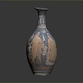 Artistic Hand Carved Ceramic Vase Displaying Ancient Figure Scenes And Blue Orange Details