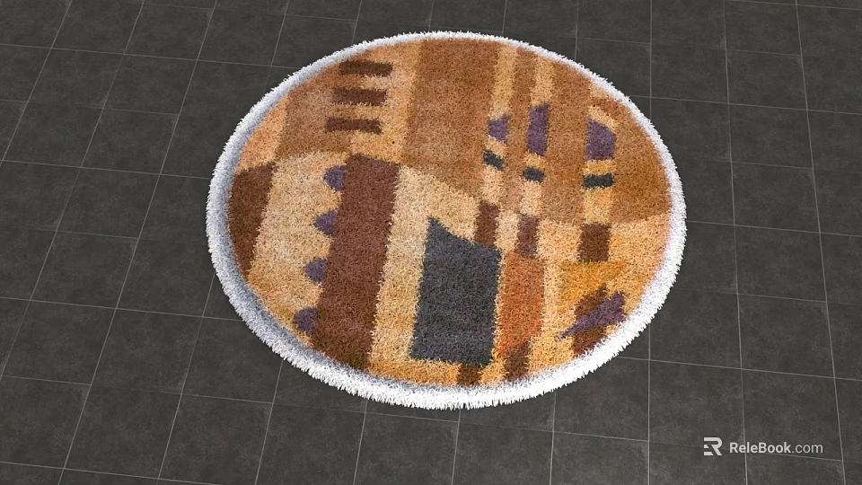 Round Rug with Geometric Pattern Multicolor Design White Border on Dark Tile Floor 3d model 