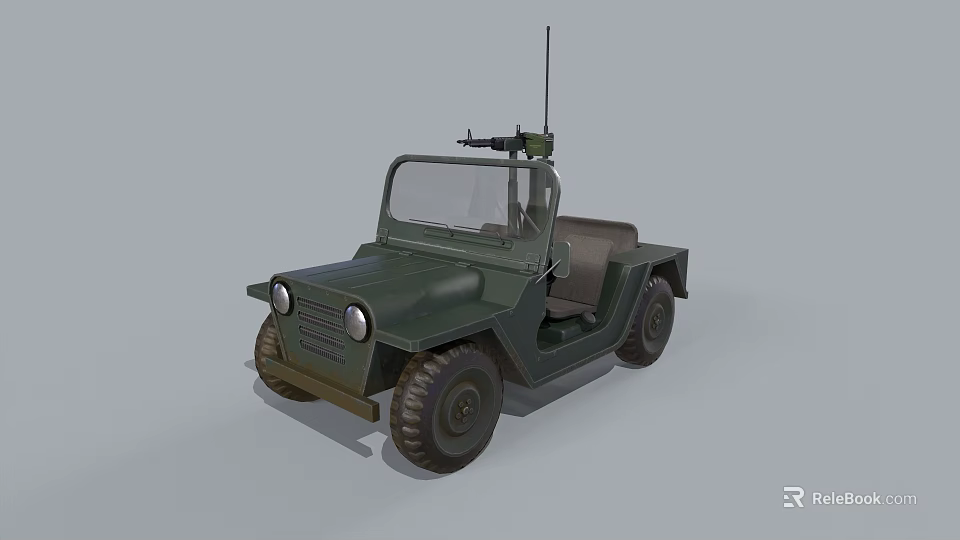 Green Military Jeep With Mounted Machine Gun Antenna And Open Top Design 3d model 