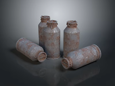 Rusty Metal Household Cans Standing And Lying On Dark Reflective Background 3d model
