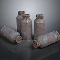Rusty Metal Household Cans Standing And Lying On Dark Reflective Background 3d model