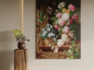Oil Painting Of Floral Still Life With Flowers Clay Pot And Greenery 3d model