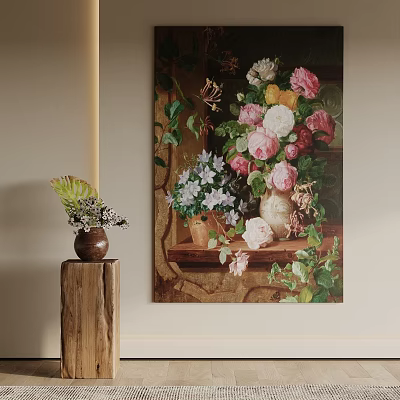 Oil Painting Of Floral Still Life With Flowers Clay Pot And Greenery 3d model