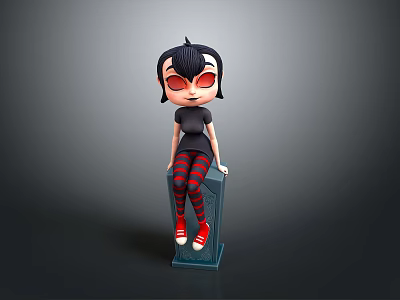 Game Movie Character with Black Short Hair Red Eyes Black Top Red Black Striped Leggings Red Shoes 3d model