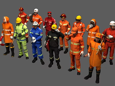 Group of Men in Different Colored Firefighter Uniforms with Protective Gear 3d model
