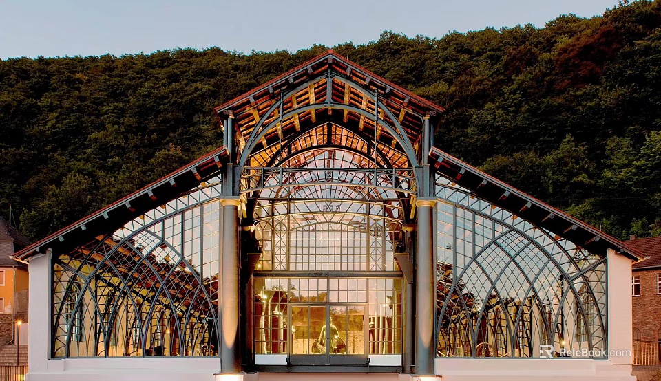 Modern Museum Architecture With Glass Facade Arched Roof And Green Hills 3d model 