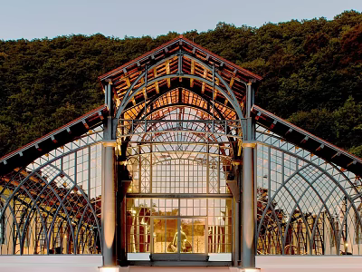 Modern Museum Architecture With Glass Facade Arched Roof And Green Hills 3d model