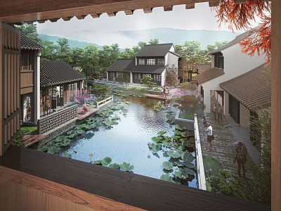 Ancient Architecture Scenic View With Pond Lotus Leaves Pedestrians And Mountain Backdrop 3d model