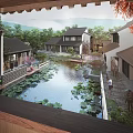 Ancient Architecture Scenic View With Pond Lotus Leaves Pedestrians And Mountain Backdrop