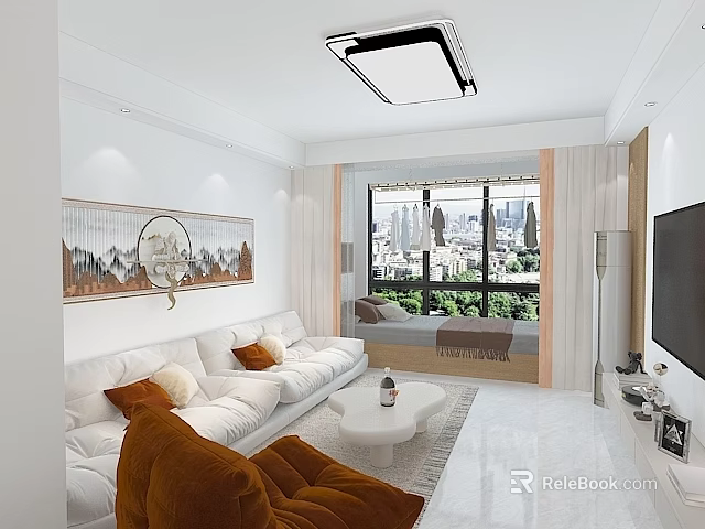 Modern Bright Living And Dining Room Interior With Soft White Sofa And Panoramic Bay Window 3d model 