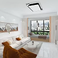 Modern Bright Living And Dining Room Interior With Soft White Sofa And Panoramic Bay Window