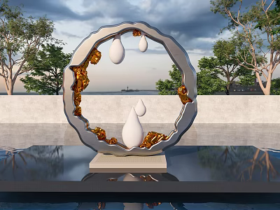 Circular Sculpture With White Teardrop Elements And Golden Accents On Reflective Water 3d model