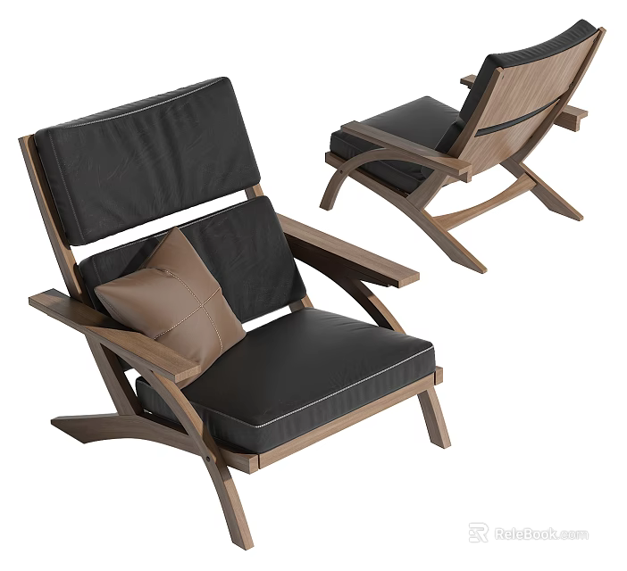 Modern Leisure Chair With Wooden Frame Black Leather Cushion And Brown Pillow 3d model 