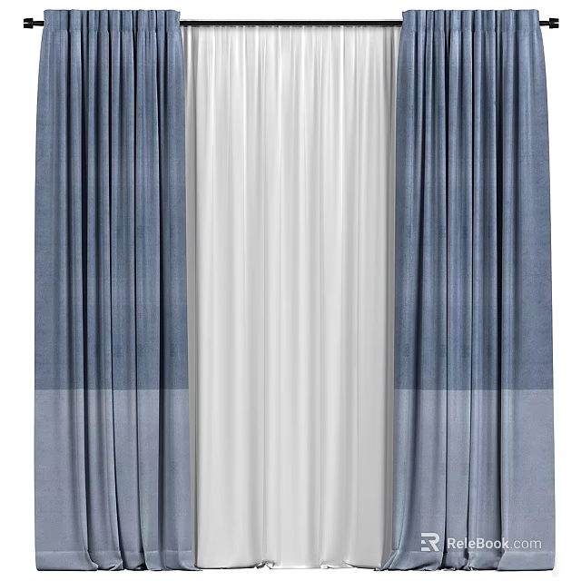 Blue Gray and White Double Layer Curtain with Light Blocking and Filtering Panels 3d model 