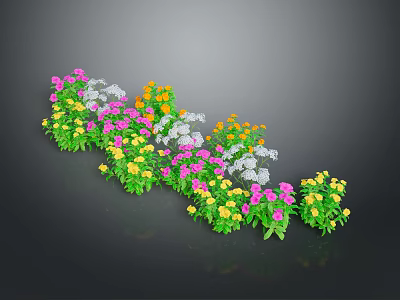 Colorful Garden Flowers with Pink Yellow White Blooms in Wavy Arrangement on Dark Background 3d model