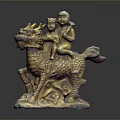Traditional Chinese Qilin Sculpture With Two Children Riding On Cloud Patterned Base