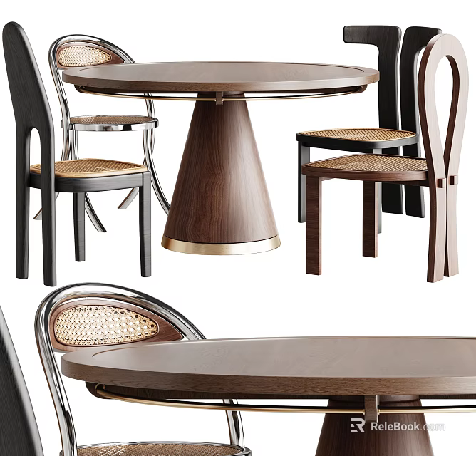 Round Wooden Dining Table Set With Woven Seat Chairs And Brown Wooden Base 3d model 