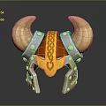 Fantasy Weapon Helmet Featuring Large Horns Metal Construction Gold Accents And Orange Lining