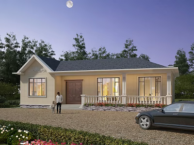 Light Colored Detached Villa With Dark Roof Flower Beds Black Car And Trees At Entrance 3d model