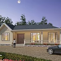 Light Colored Detached Villa With Dark Roof Flower Beds Black Car And Trees At Entrance