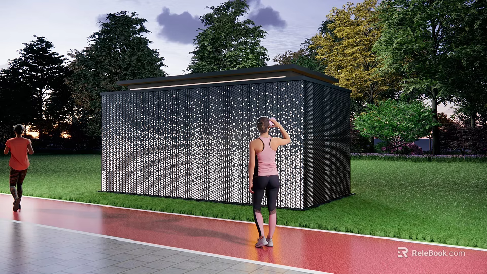 Decorative Perforated Fence With Green Lawn Trees And Red Track As Woman Stands Observing 3d model 