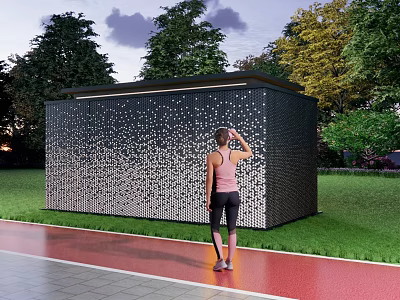 Decorative Perforated Fence With Green Lawn Trees And Red Track As Woman Stands Observing 3d model
