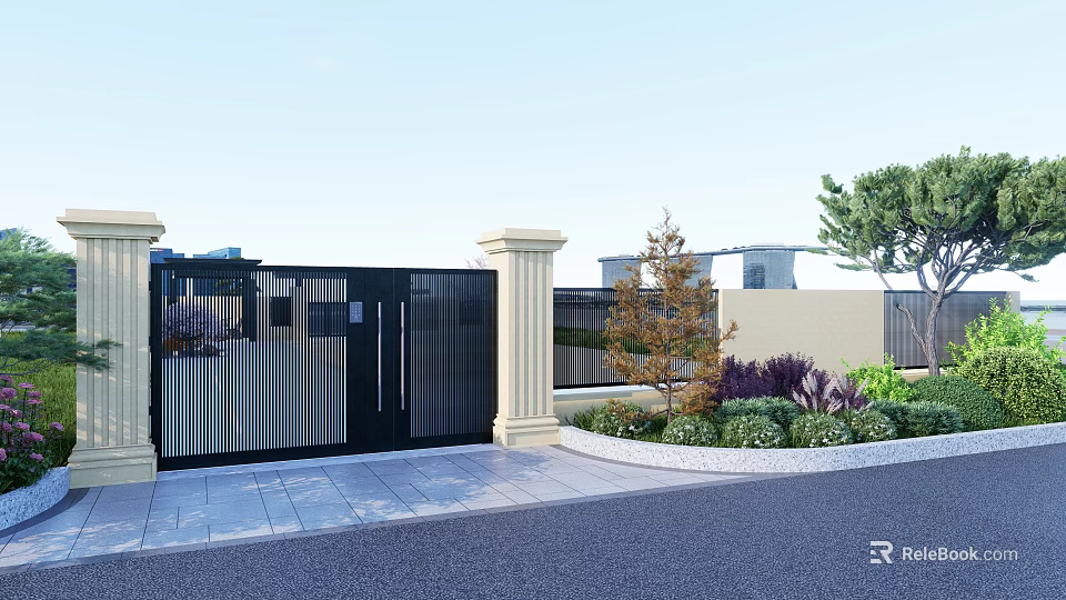 Modern Black Metal Gate With Stone Pillars And Landscaped Greenery Around Driveway 3d model 