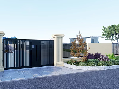 Modern Black Metal Gate With Stone Pillars And Landscaped Greenery Around Driveway 3d model