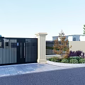 Modern Black Metal Gate With Stone Pillars And Landscaped Greenery Around Driveway