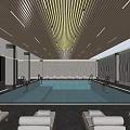 Modern Swimming Pool Area With Black Striped Ceiling Gray Walls And Lounge Chairs 3d model