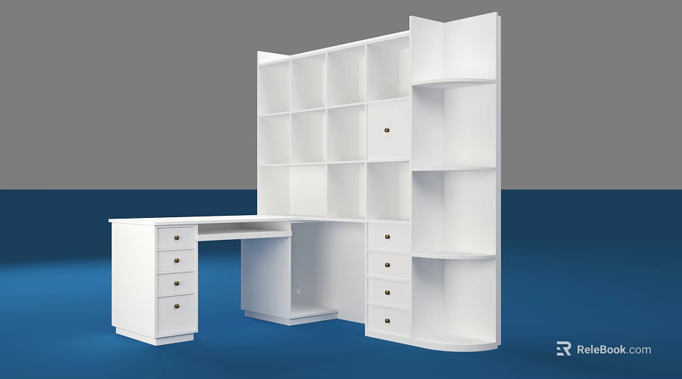 Modern White Storage Cabinet Shelf With Multiple Open Compartments And Drawers 3d model 