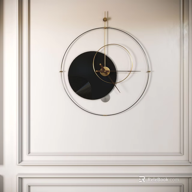 Modern Wall Clock With Circular Frame Black Gold Geometric Design On White Wall 3d model 
