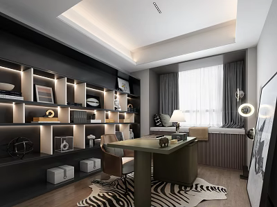 Modern Study Room Interior With Lit Bookshelves Green Desk Leather Chair And Zebra Rug 3d model