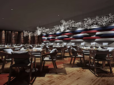 Elegant Hotpot Restaurant Interior With Wooden Dining Tables Comfortable Seats And Decorative Wall 3d model