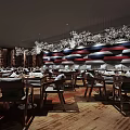 Elegant Hotpot Restaurant Interior With Wooden Dining Tables Comfortable Seats And Decorative Wall