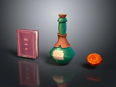 Pink Book Green Potion Bottle And Orange Flower Decoration On Dark Surface 3d model