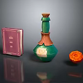 Pink Book Green Potion Bottle And Orange Flower Decoration On Dark Surface