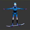 Futuristic Blue Armored Robot Game Movie Character With Pink Weapons And Skateboard Device