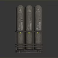 Four Cylindrical Metal Storage Cans On Metal Rack With Warning Signs Worn Surface And Shiny Base