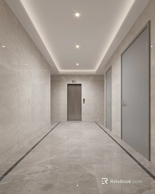 Modern Elevator Corridor Design With Light Marble Walls And Sleek Flooring 3d model