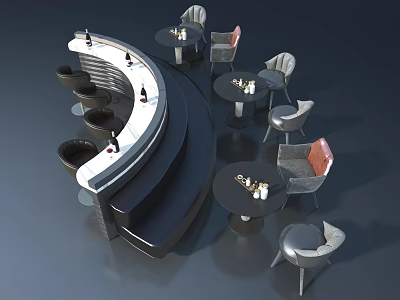 Modern Swing Door Design For Bar Lounge With Curved Counter And Round Tables 3d model