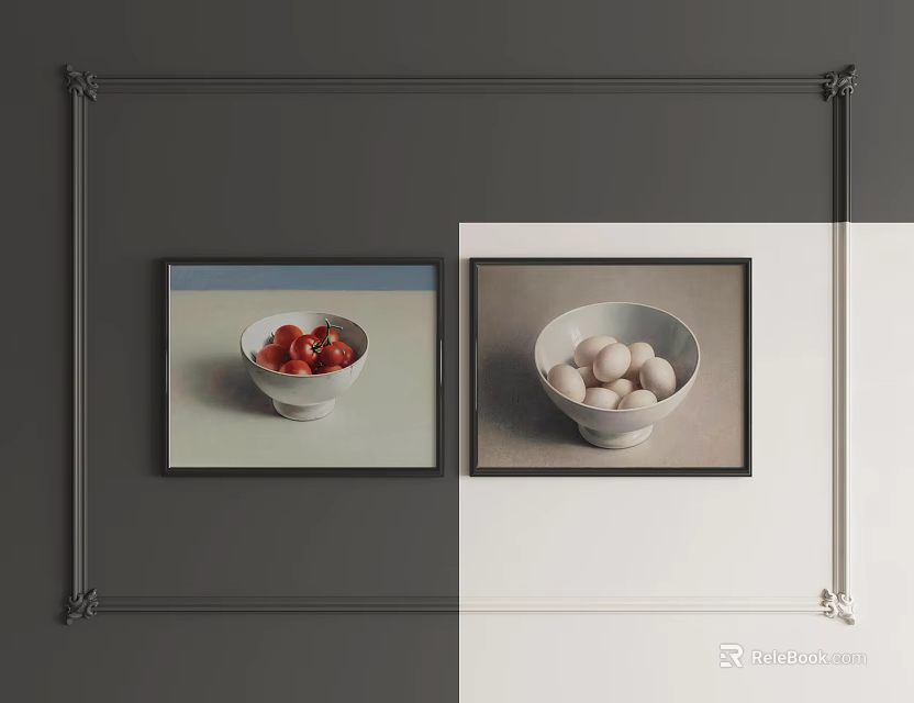 Framed Wall Art With Strawberry Bowl And Egg Bowl On Gray White Background 3d model 