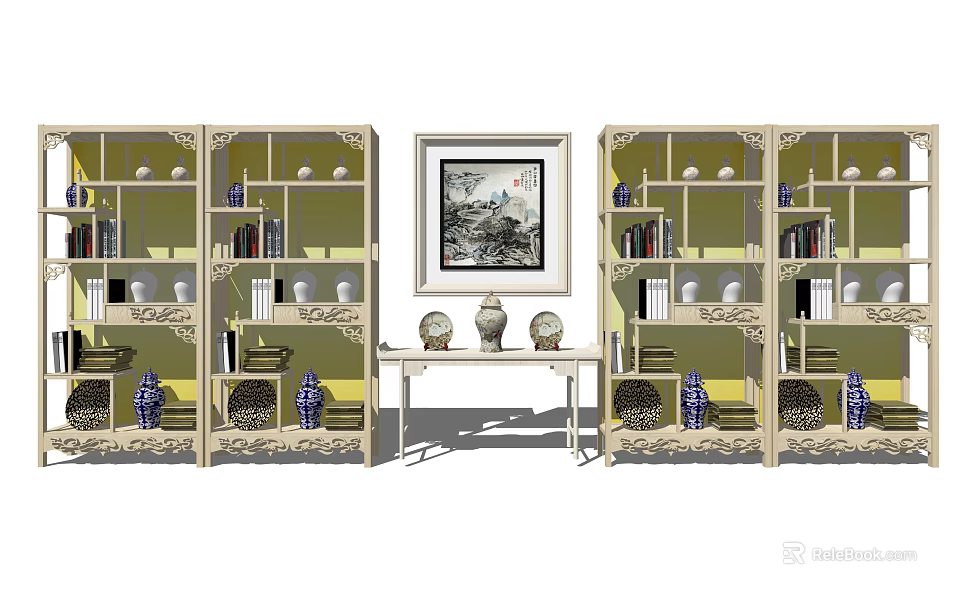 Chinese Style Display Shelf with Porcelain Books Vases and Central Painting on Console Table 3d model 
