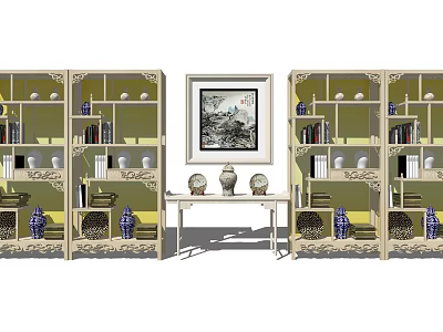 Chinese Style Display Shelf with Porcelain Books Vases and Central Painting on Console Table 3d model